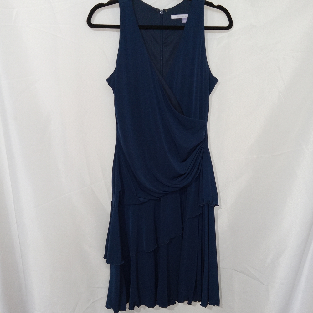 Luxe by Carmen Marc Valvo Sleeveless Draped Tiered Knee Length Dress Blue Sz 10